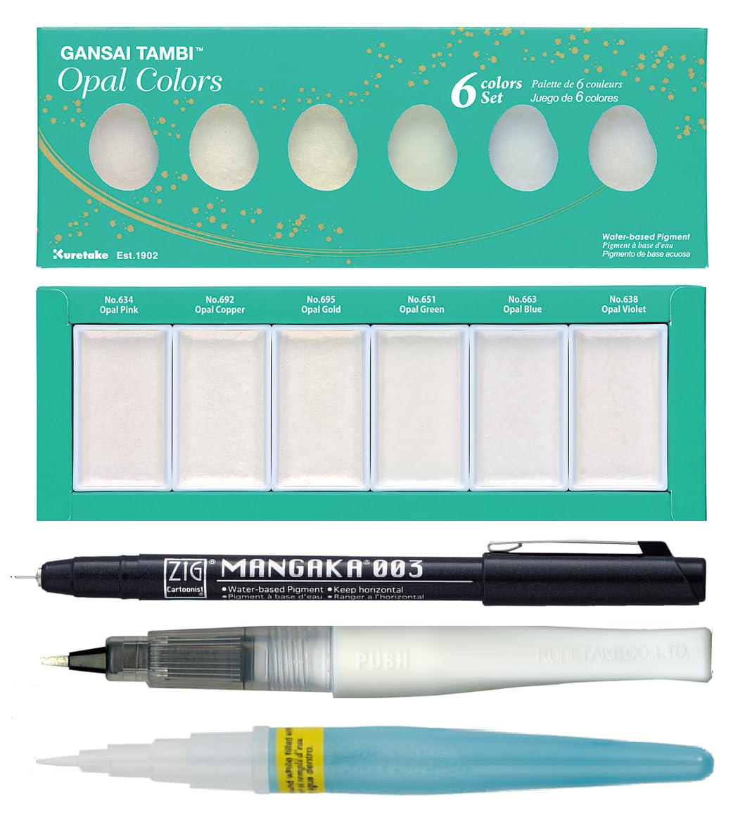 Zig Special Illustration Set GANSAI TAMBI Opal 6colors Micron Pen 003, BRUSH2O Petit,Wink of Stella Brush Glitter for Manga Drawing Lettering & Calligraphy Professional Artist Quality Made in Japan