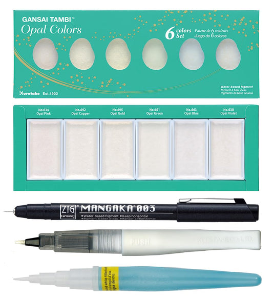 Zig Special Illustration Set GANSAI TAMBI Opal 6colors Micron Pen 003, BRUSH2O Petit,Wink of Stella Brush Glitter for Manga Drawing Lettering & Calligraphy Professional Artist Quality Made in Japan