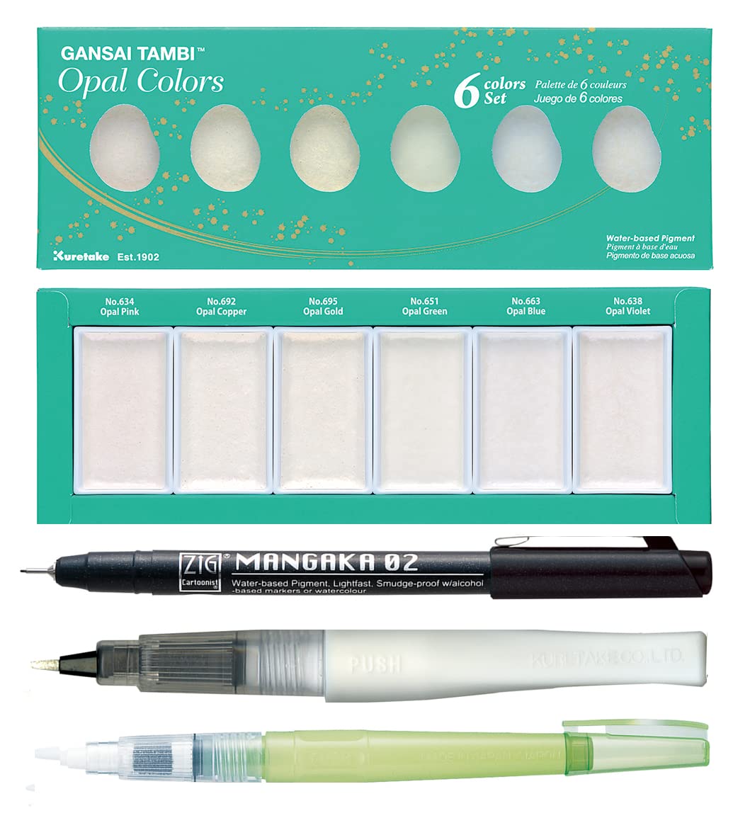 ZIG Special Illustration Set GANSAI TAMBI Opal 6 colors Micron Pen 02, BRUSH2O Medium & Wink of Stella Brush Glitter for Manga Drawing Lettering & Calligraphy Professional Artist Quality Made in Japan