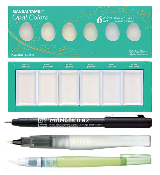 ZIG Special Illustration Set GANSAI TAMBI Opal 6 colors Micron Pen 02, BRUSH2O Medium & Wink of Stella Brush Glitter for Manga Drawing Lettering & Calligraphy Professional Artist Quality Made in Japan