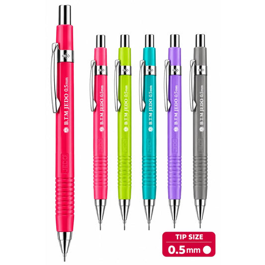 MICRO B.T.M. JEDO 0.5 mm Mechanical Pencils, Pack of 6, Assorted Colours, Refillable Lead Pencils for School, Office, Note-Taking and Drawing, Made in Korea