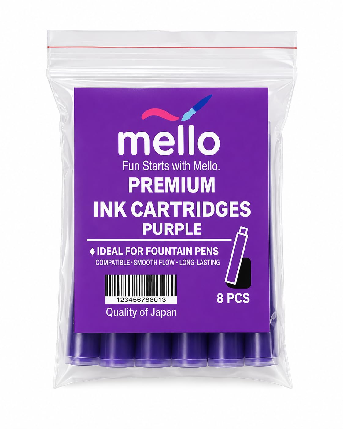 MELLO Universal Standard Fountain Pen Ink Cartridges – Purple Ink | Pack of 8 | Fountain Pen Ink Refill | Smooth Writing Ink Cartridges for Journal, School & Office Use | Standard International Size