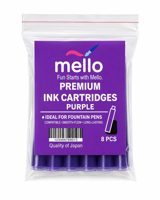 MELLO Universal Standard Fountain Pen Ink Cartridges – Purple Ink | Pack of 8 | Fountain Pen Ink Refill | Smooth Writing Ink Cartridges for Journal, School & Office Use | Standard International Size