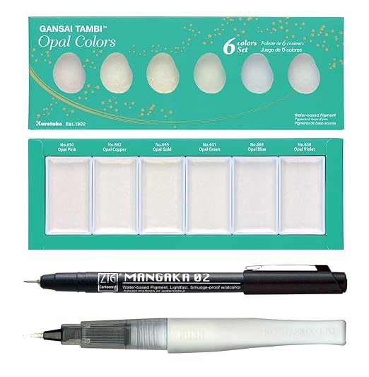 Zig Special Illustration Set [GANSAI TAMBI Opal 6 colors set] Micron Pen 02 & Wink of Stella Brush Glitter Clear for Manga Drawing Lettering & Calligraphy Professional Artist Quality Made in Japan