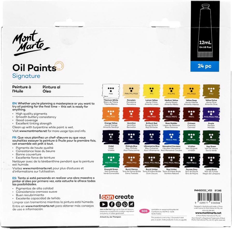 Mont Marte Oil Paints for Painting - 24 Pieces in 12 ml Tubes, Multicolor