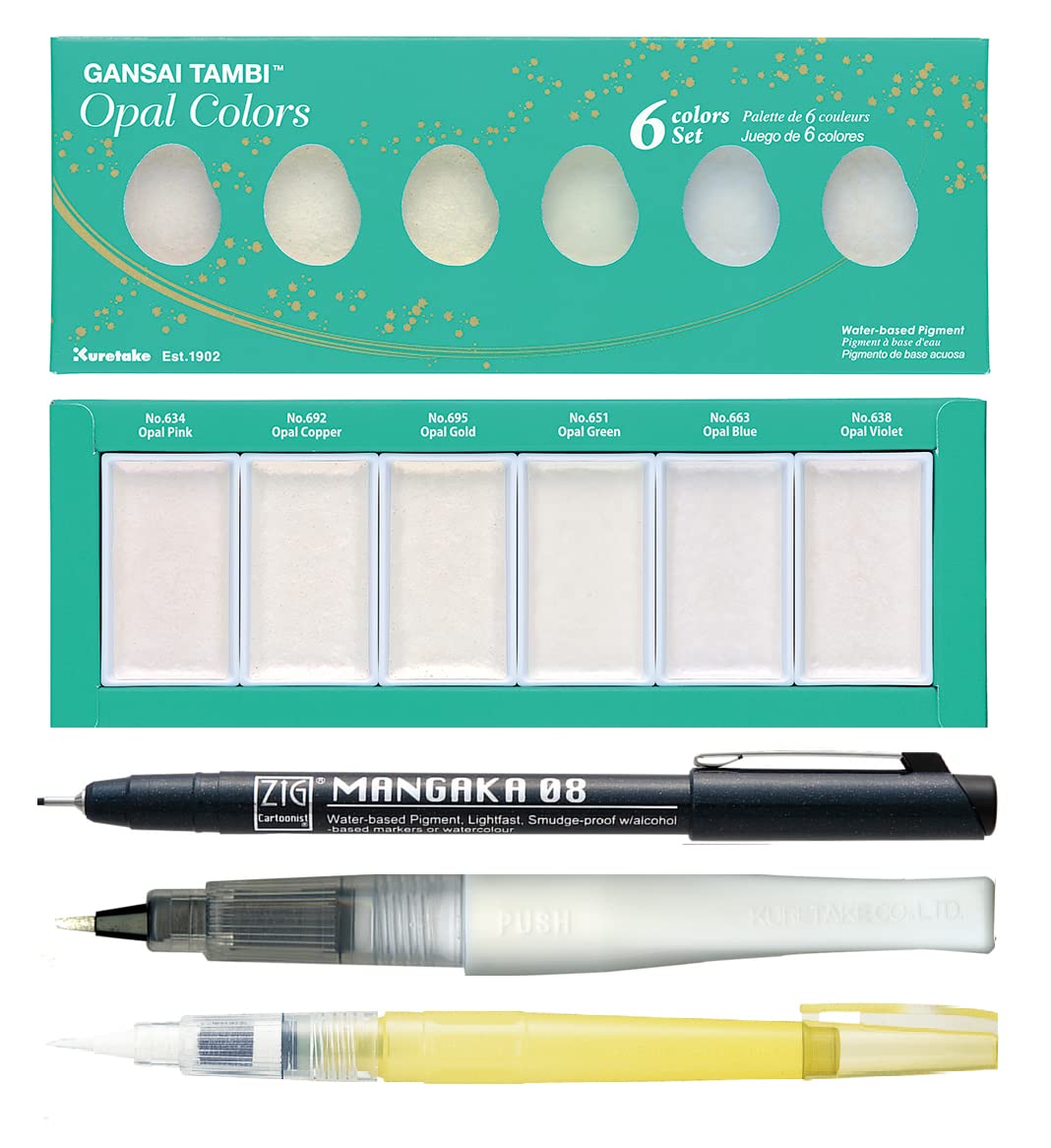 ZIG Special Illustration Set GANSAI TAMBI Opal 6 colors Micron Pen 08, BRUSH2O Detailer,Wink of Stella Brush Glitter for Manga Drawing Lettering & Calligraphy Professional Artist Quality Made in Japan.