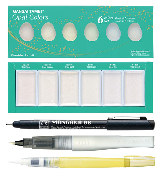 ZIG Special Illustration Set GANSAI TAMBI Opal 6 colors Micron Pen 08, BRUSH2O Detailer,Wink of Stella Brush Glitter for Manga Drawing Lettering & Calligraphy Professional Artist Quality Made in Japan.