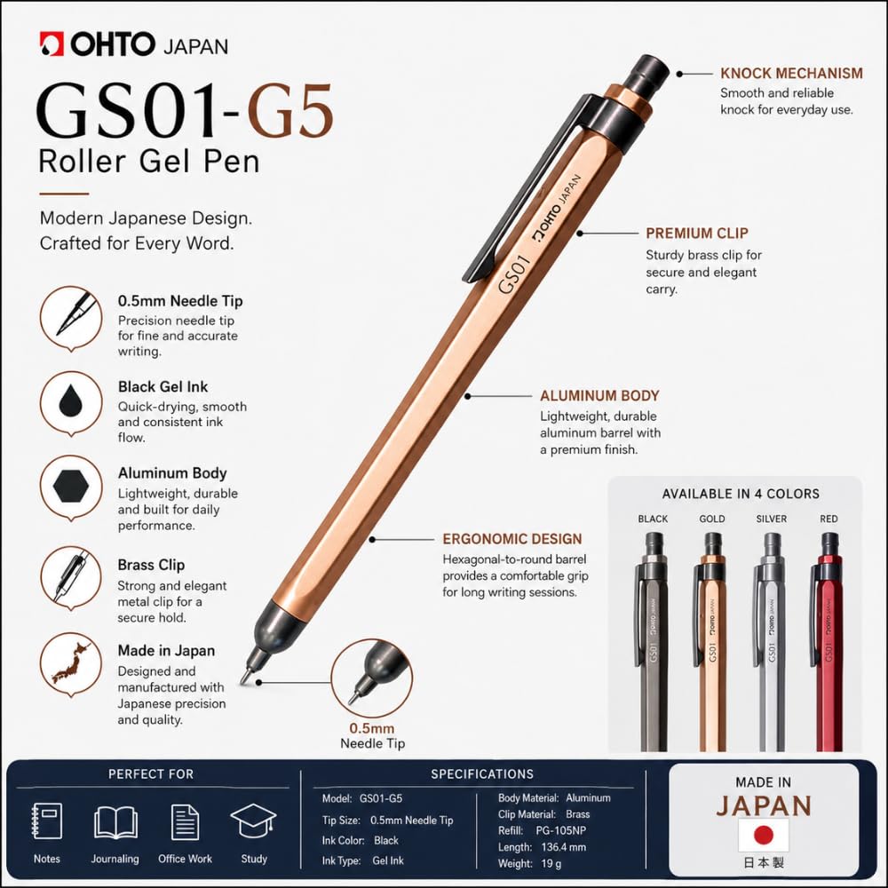 OHTO GS01 Premium Aluminum Gel Pen 0.5mm Needle Tip Black Ink, Quick Dry Smooth Writing Pen, Metal Body with Brass Clip, Executive Office Pen for Journaling, Notes & Everyday Writing, Gold