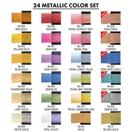 Kuretake GANSAI TAMBI Metallic Watercolor Paint Set 24 Colors Set - Metallic Colors