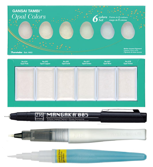 Zig Special Illustration Set GANSAI TAMBI Opal 6colors Micron Pen 005, BRUSH2O Petit,Wink of Stella Brush Glitter for Manga Drawing Lettering & Calligraphy Professional Artist Quality Made in Japan