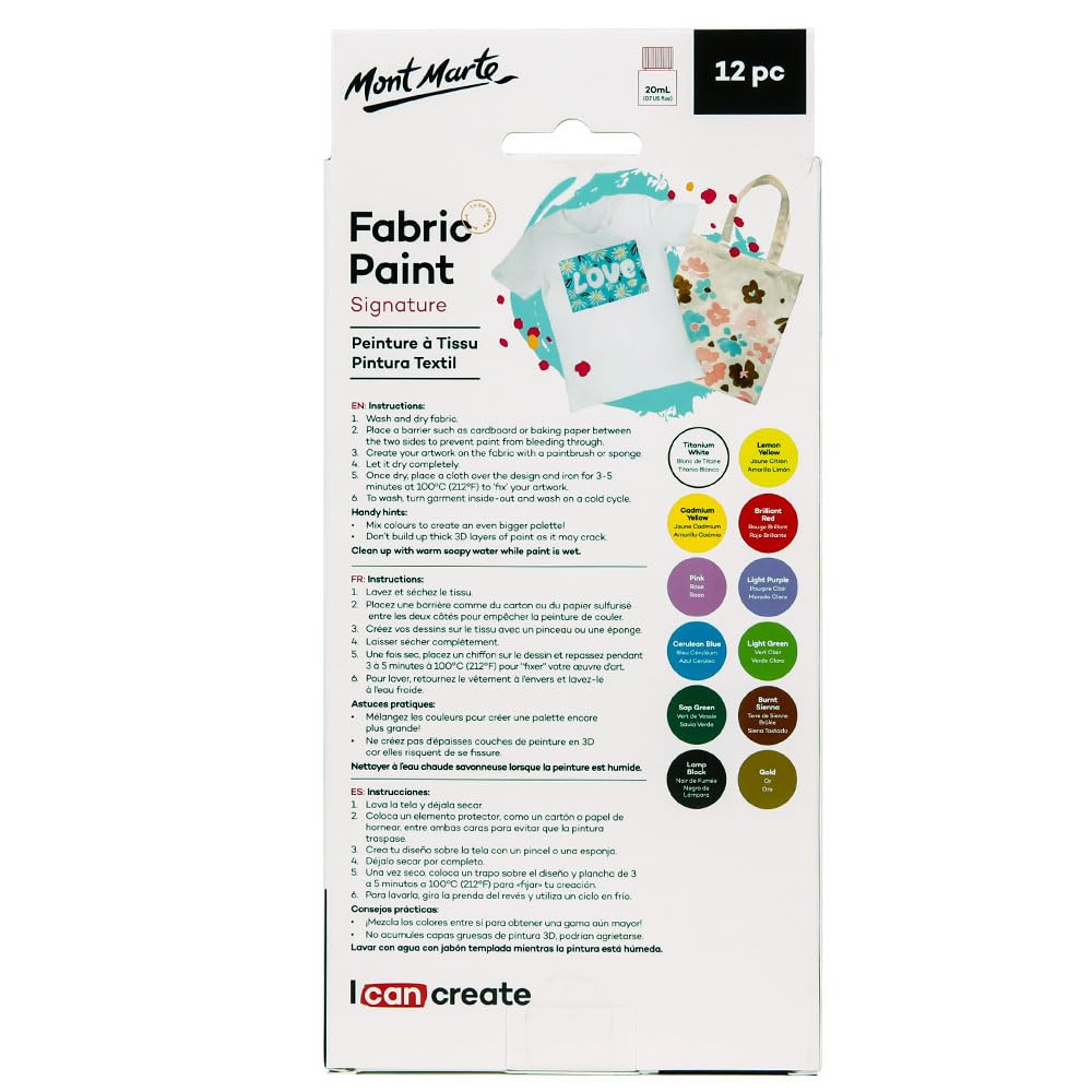 Mont Marte Fabric Paint Set 12Pc X 20Ml, Assorted