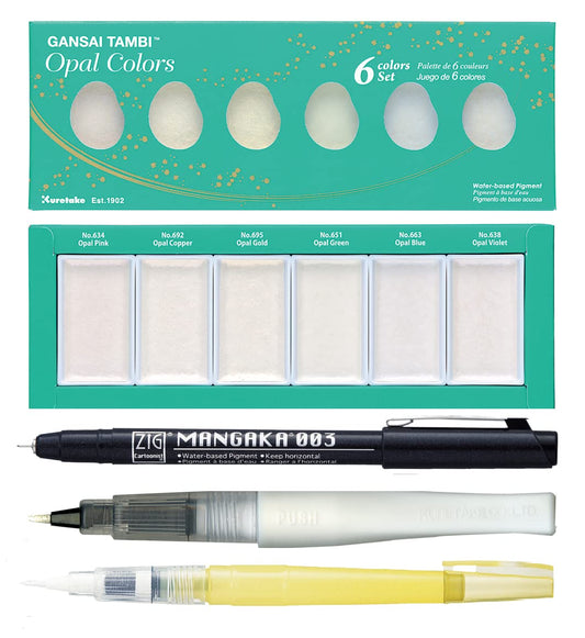 ZIG Special Illustration Set GANSAI TAMBI Opal 6colors Micron Pen 003, BRUSH2O Detailer,Wink of Stella Brush Glitter for Manga Drawing Lettering & Calligraphy Professional Artist Quality Made in Japan