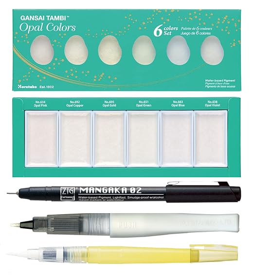 ZIG Special Illustration Set GANSAI TAMBI Opal 6 colors Micron Pen 02, BRUSH2O Detailer,Wink of Stella Brush Glitter for Manga Drawing Lettering & Calligraphy Professional Artist Quality Made in Japan