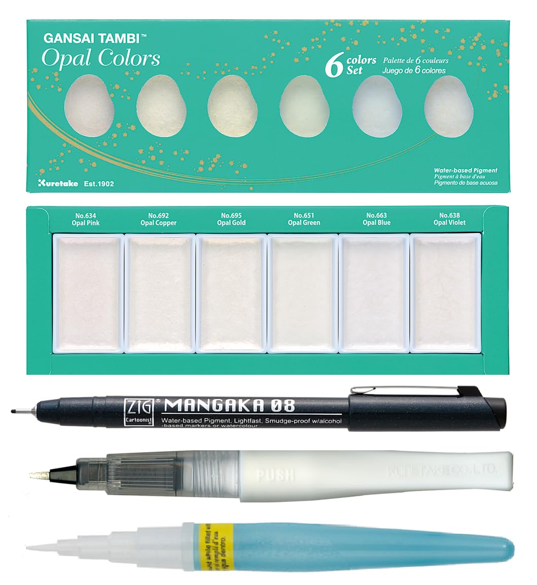 Zig Special Illustration Set GANSAI TAMBI Opal 6 colors Micron Pen 08, BRUSH2O Petit,Wink of Stella Brush Glitter for Manga Drawing Lettering & Calligraphy Professional Artist Quality Made in Japan.
