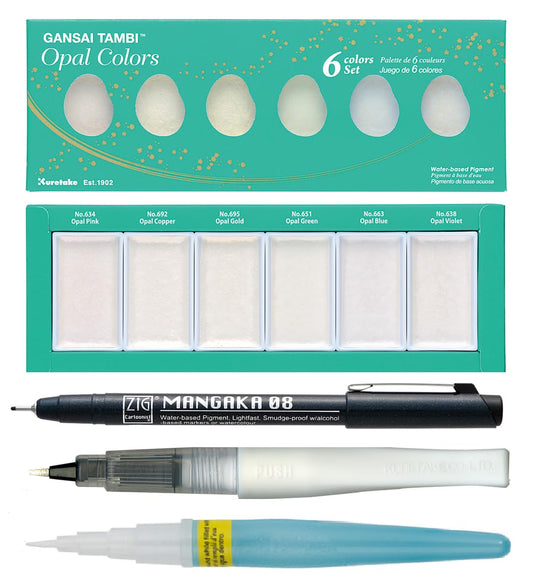Zig Special Illustration Set GANSAI TAMBI Opal 6 colors Micron Pen 08, BRUSH2O Petit,Wink of Stella Brush Glitter for Manga Drawing Lettering & Calligraphy Professional Artist Quality Made in Japan.