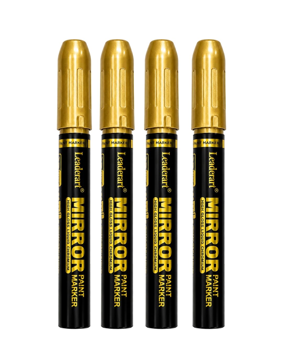 Mirror Paint Marker Gold | Pack of 4 | 4.5mm Bullet Tip | High Gloss Liquid Chromium Metallic Paint Marker | Waterproof for Metal, Ceramic, Glass, Plastic & DIY Crafts. Made in Malaysia