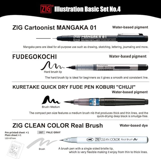 Kuretake ZIG Inktober Special Set, ZIG Illustration Basic Set NO.4 for Manga Drawing, Lettering and Calligraphy, Professional Artist Quality, Made in Japan