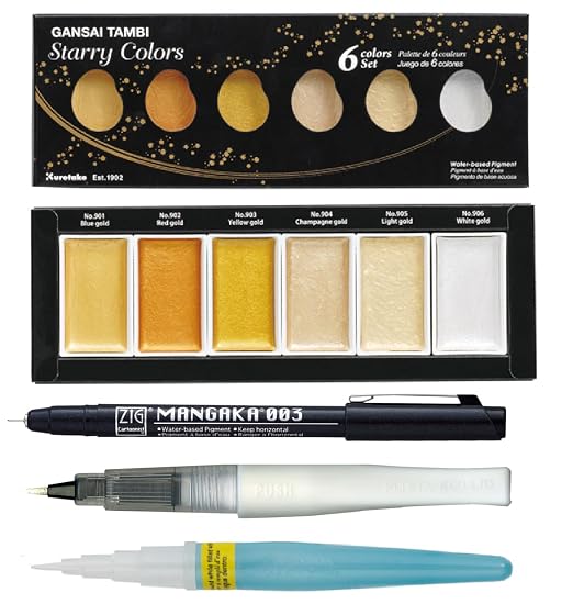 Zig Special Illustration Set GANSAI TAMBI Starry 6colors Micron Pen003,BRUSH2O Petit,Wink of Stella Brush Glitter for Manga Drawing Lettering & Calligraphy Professional Artist Quality Made in Japan