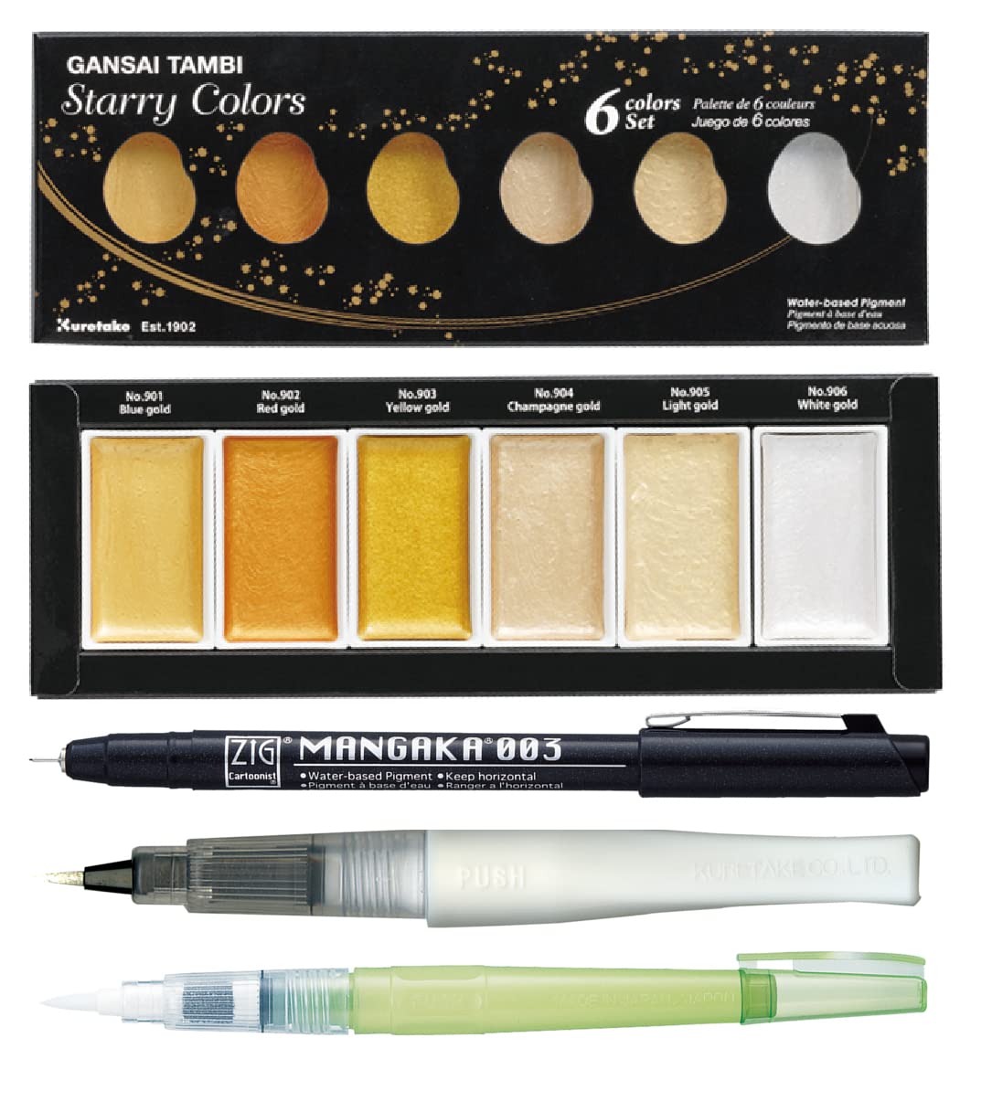 ZIG Special Illustration Set GANSAI TAMBI Starry 6colors Micron Pen003,BRUSH2O Medium & Wink of Stella Brush Glitter for Manga Drawing Lettering & Calligraphy Professional Artist Quality Made in Japan