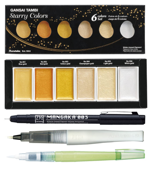 ZIG Special Illustration Set GANSAI TAMBI Starry 6colors Micron Pen003,BRUSH2O Medium & Wink of Stella Brush Glitter for Manga Drawing Lettering & Calligraphy Professional Artist Quality Made in Japan