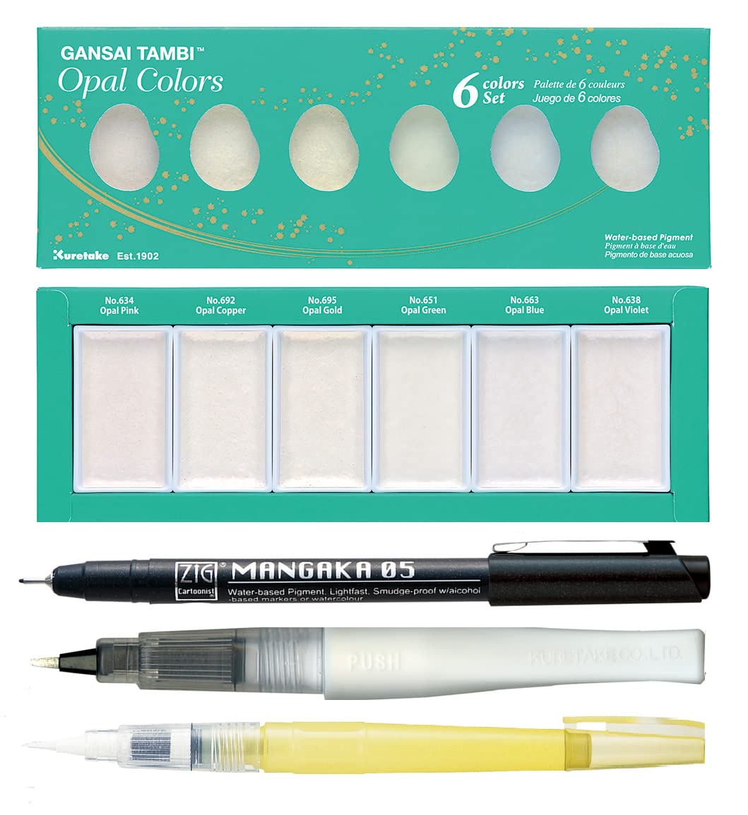 ZIG Special Illustration Set GANSAI TAMBI Opal 6 colors Micron Pen 05, BRUSH2O Detailer,Wink of Stella Brush Glitter for Manga Drawing Lettering & Calligraphy Professional Artist Quality Made in Japan