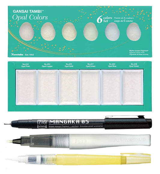 ZIG Special Illustration Set GANSAI TAMBI Opal 6 colors Micron Pen 05, BRUSH2O Detailer,Wink of Stella Brush Glitter for Manga Drawing Lettering & Calligraphy Professional Artist Quality Made in Japan