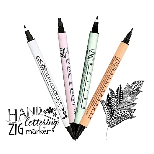 Kuretake ZIG Twin Marker BLACK 4 Assortment set for Hand Lettering, Calligraphy Art, Illustration, Journaling, Cartooning, AP- Certificated, Made in Japan ( Zig Kuretake Special Set )