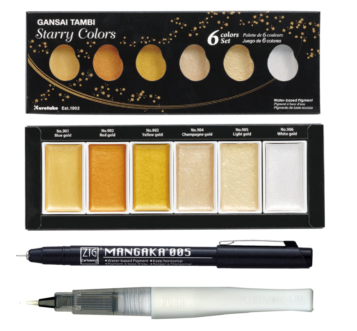 Zig Special Illustration Set [GANSAI TAMBI Starry 6 colors set] Micron Pen 005 & Wink of Stella Brush Glitter Clear for Manga Drawing Lettering & Calligraphy Professional Artist Quality Made in Japan