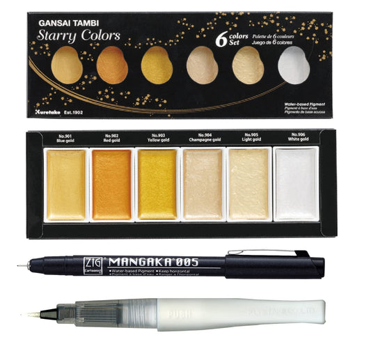 Zig Special Illustration Set [GANSAI TAMBI Starry 6 colors set] Micron Pen 005 & Wink of Stella Brush Glitter Clear for Manga Drawing Lettering & Calligraphy Professional Artist Quality Made in Japan