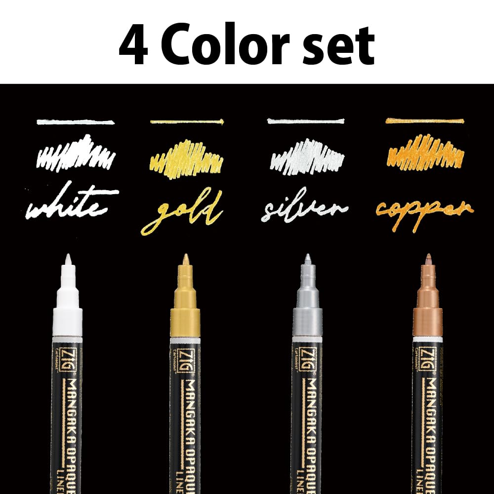 Kuretake Zig Cartoonist Mangaka Opaque Liner, 4 Colors Set for Artists, Illustrations, Graphic Design, Paper Crafters, Made in Japan