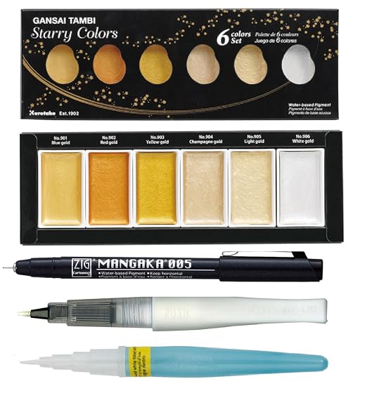 Zig Special Illustration Set GANSAI TAMBI Starry 6colors Micron Pen005,BRUSH2O Petit,Wink of Stella Brush Glitter for Manga Drawing Lettering & Calligraphy Professional Artist Quality Made in Japan