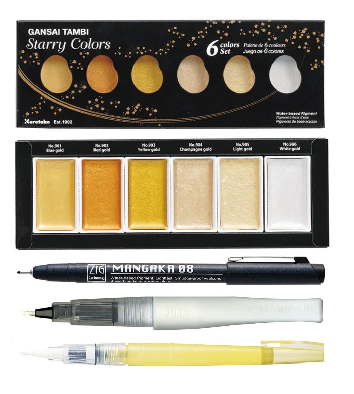 ZIG Special Illustration Set GANSAI TAMBI Starry 6colors Micron Pen 08,BRUSH2O Detailer,Wink of Stella Brush Glitter for Manga Drawing Lettering & Calligraphy Professional Artist Quality Made in Japan