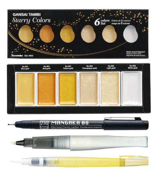 ZIG Special Illustration Set GANSAI TAMBI Starry 6colors Micron Pen 08,BRUSH2O Detailer,Wink of Stella Brush Glitter for Manga Drawing Lettering & Calligraphy Professional Artist Quality Made in Japan