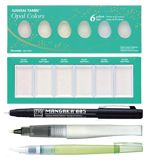 ZIG Special Illustration Set GANSAI TAMBI Opal 6colors Micron Pen 005, BRUSH2O Medium & Wink of Stella Brush Glitter for Manga Drawing Lettering & Calligraphy Professional Artist Quality Made in Japan