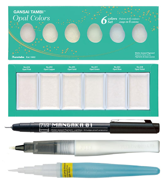 Zig Special Illustration Set GANSAI TAMBI Opal 6 colors Micron Pen 01, BRUSH2O Petit,Wink of Stella Brush Glitter for Manga Drawing Lettering & Calligraphy Professional Artist Quality Made in Japan
