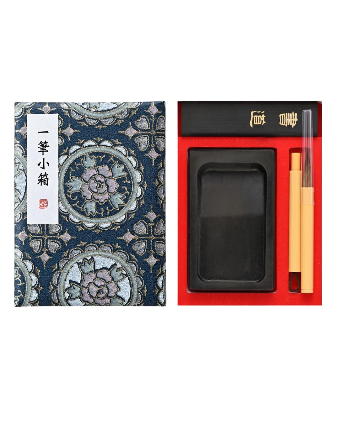 Zig Kuretake One Stroke Japanese Calligraphy Set – Brush, Ink Stick & Inkstone Small Box Kit for Shodo Writing and Art water lilies/Hinagiku. Made in Japan