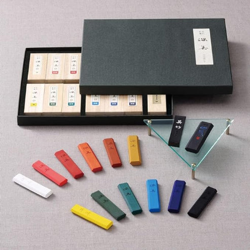 ZIG SAIBOKU SHIMBI 12 Colors and 2 Black Sumi Ink Stick Set, Traditional Calligraphy and Painting, Professional Quality, for Lettering, Drawing, Signature AP-Certified, Made in Japan