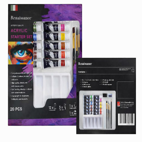 Renaissance Acrylic Starter Set – 20 Pieces Acrylic Paint Kit with 12 x 12ml Colour Tubes, Brushes, Palette, Pencil, Eraser & Knife | Ideal for Beginners, Students & Hobby Artists. Made in Thailand
