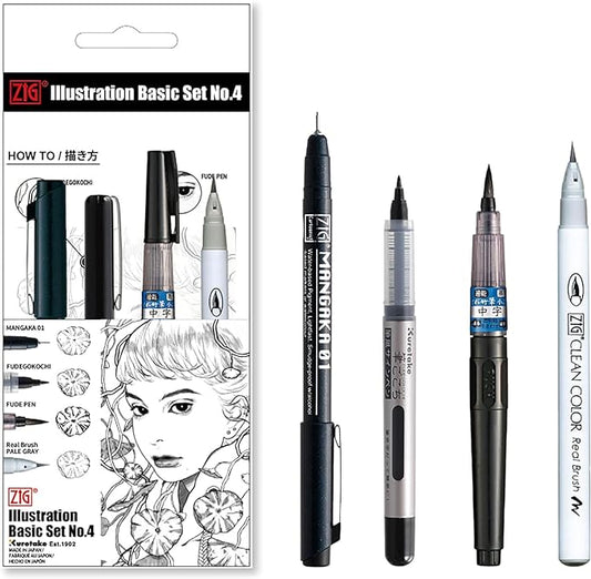 Kuretake ZIG Inktober Special Set, ZIG Illustration Basic Set NO.4 for Manga Drawing, Lettering and Calligraphy, Professional Artist Quality, Made in Japan
