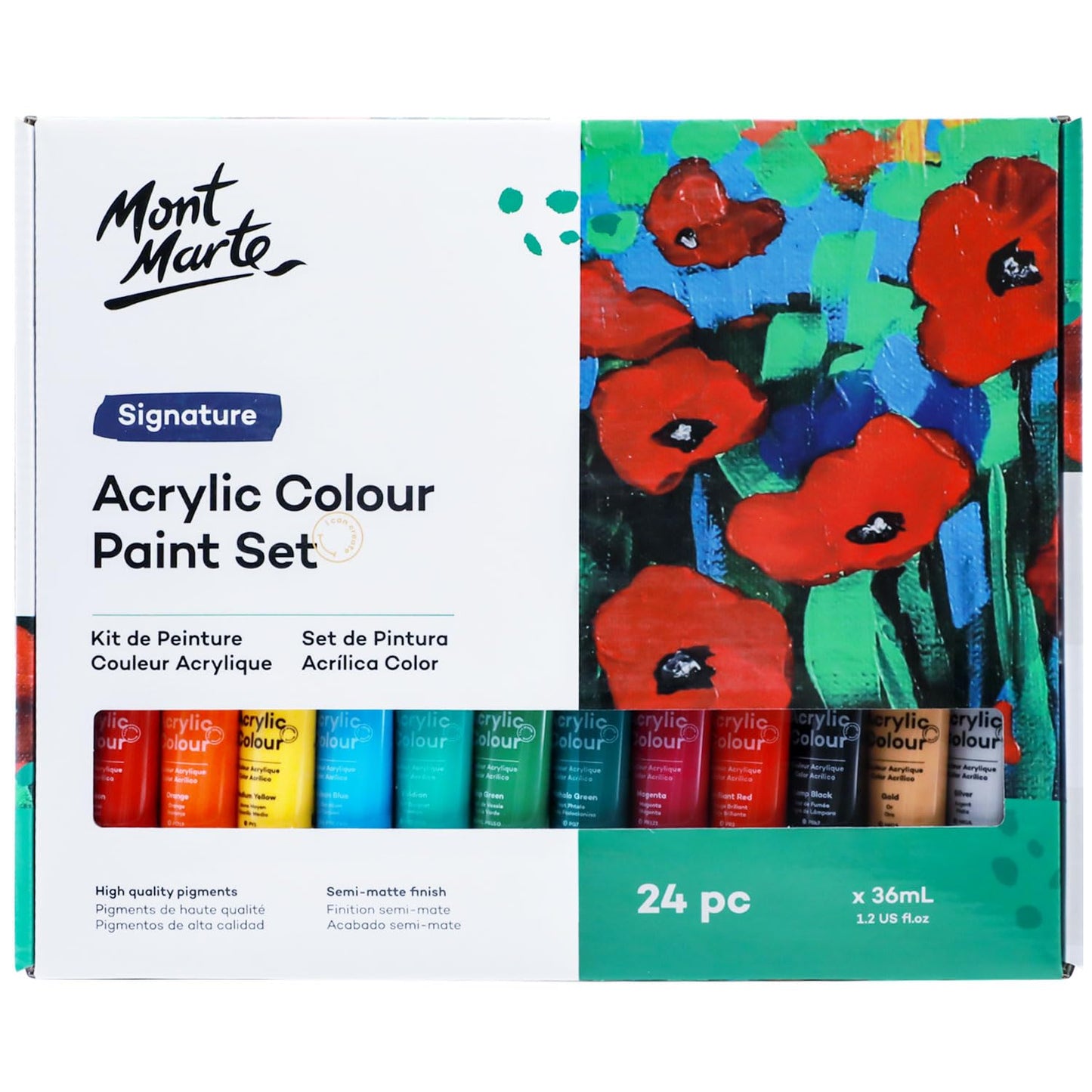 Mont Marte Acrylic Paint Set 24 Colours 36ml 2 PACK, Perfect for Canvas, Wood, Fabric, Leather, Cardboard, Paper, MDF and Crafts