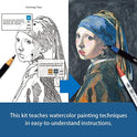 Kuretake ZIG, HISTORIC ART COLLECTION WATERCOLOR W/J.VERMEER ZIG SPECIAL SET with 7 watercolor brush pens, pre-printed sheet, papers for beginners, students