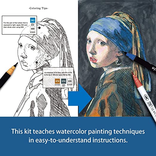 Kuretake ZIG, HISTORIC ART COLLECTION WATERCOLOR W/J.VERMEER ZIG SPECIAL SET with 7 watercolor brush pens, pre-printed sheet, papers for beginners, students