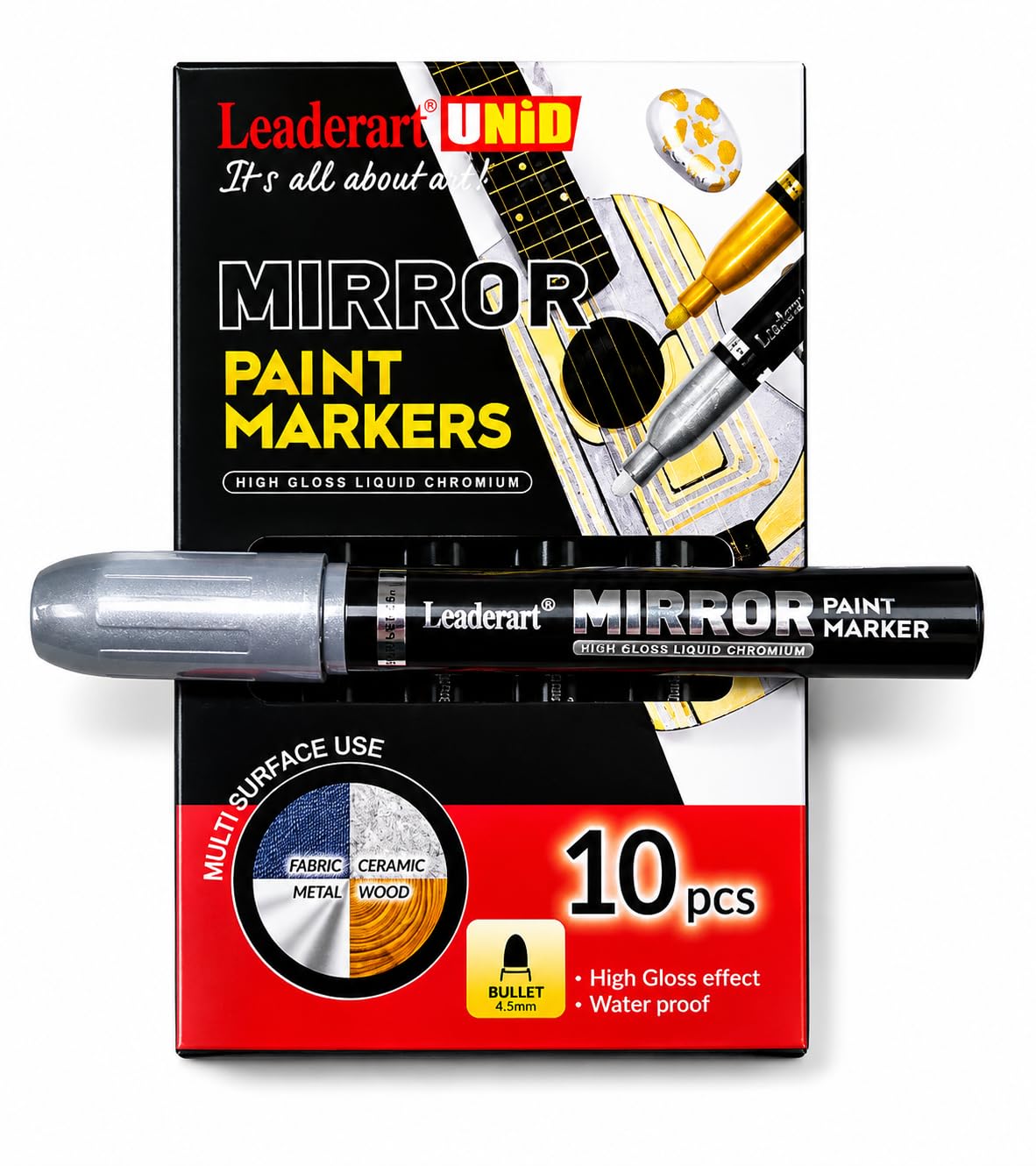 Mirror Paint Marker Silver | Pack of 2 | 4.5mm Bullet Tip | High Gloss Liquid Chrome Metallic Paint Marker | Waterproof for Metal, Glass, Ceramic, Plastic & DIY Crafts .Made in Malaysia Brand: Leaderart