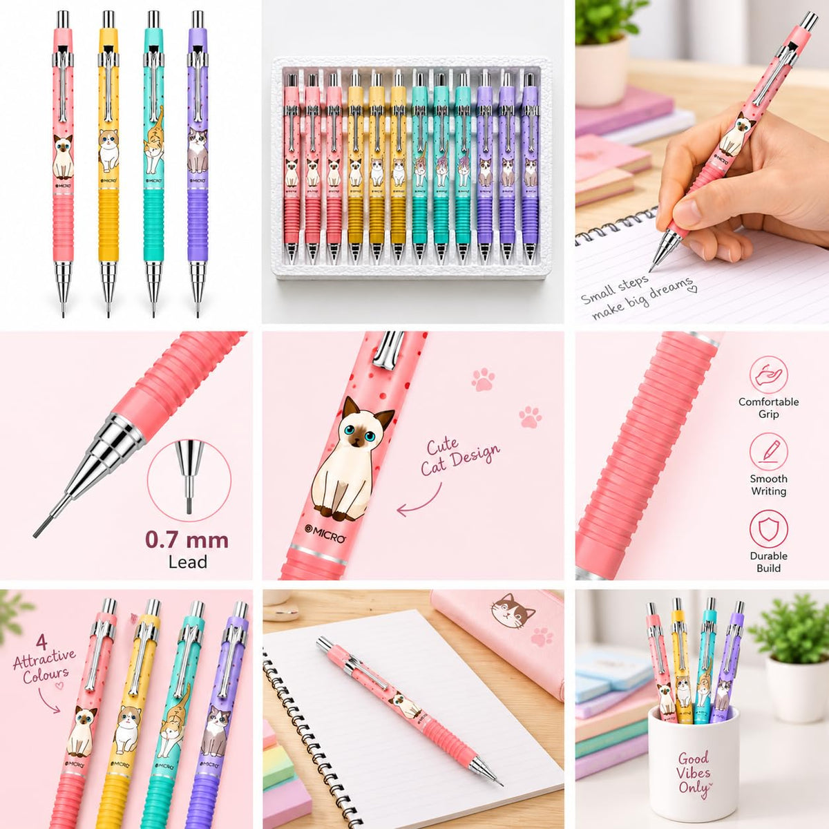 MICRO Rubber JEDO Cat Mechanical Pencil 0.7 mm, Made in Korea, Cute Cat Design, Pastel Milk Yellow Colour Mechanical Pencil for School, Students, Office, Writing, Note-Taking and Drawing