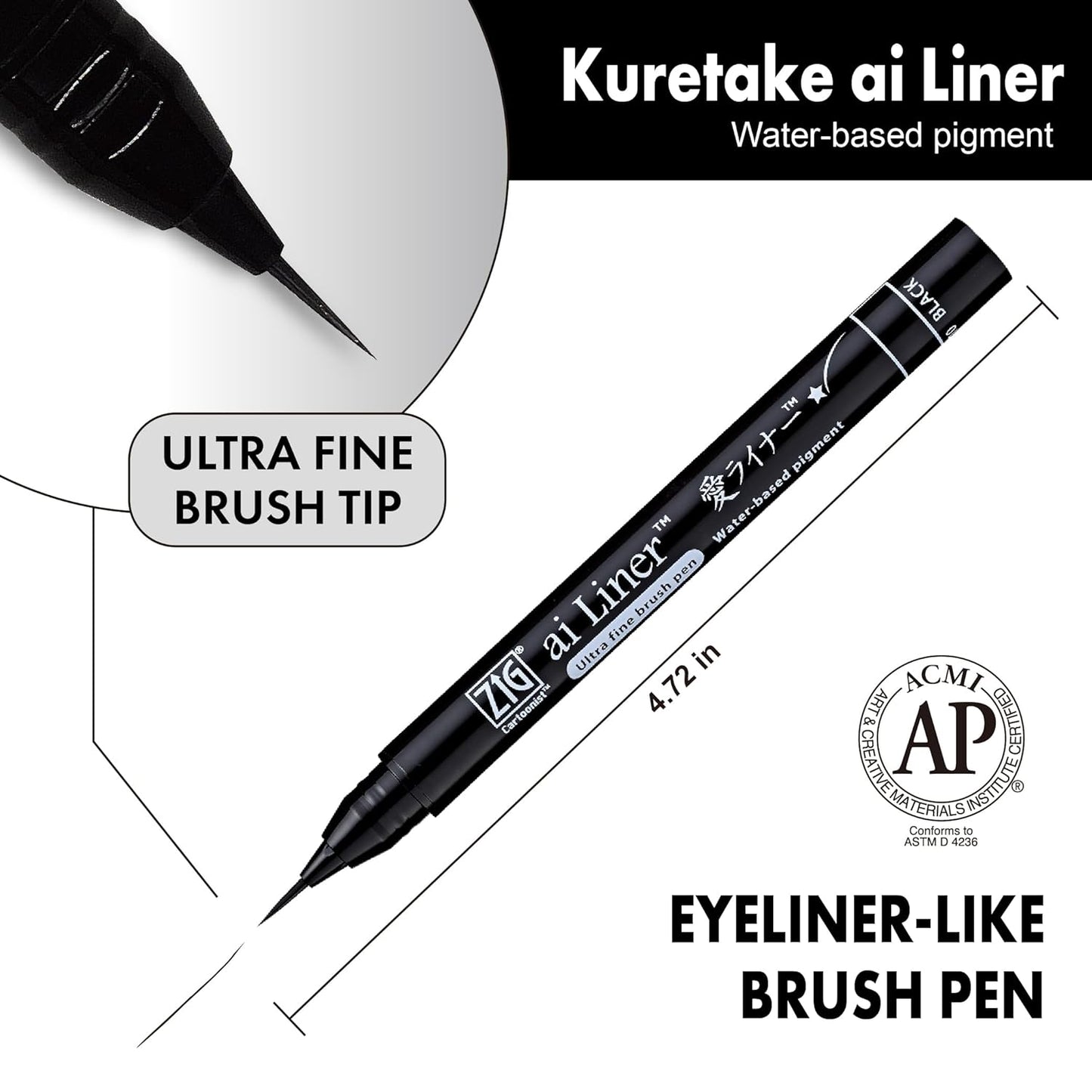 ZIG KURETAKE AI Liner, Ultra fine Brush tip pen, Black, Perfect for Delicate Expressions in Illustration, Manga, lettering, Made in Japan