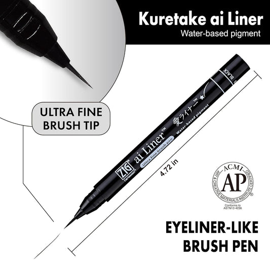 ZIG KURETAKE AI Liner, Ultra fine Brush tip pen, Black, Perfect for Delicate Expressions in Illustration, Manga, lettering, Made in Japan