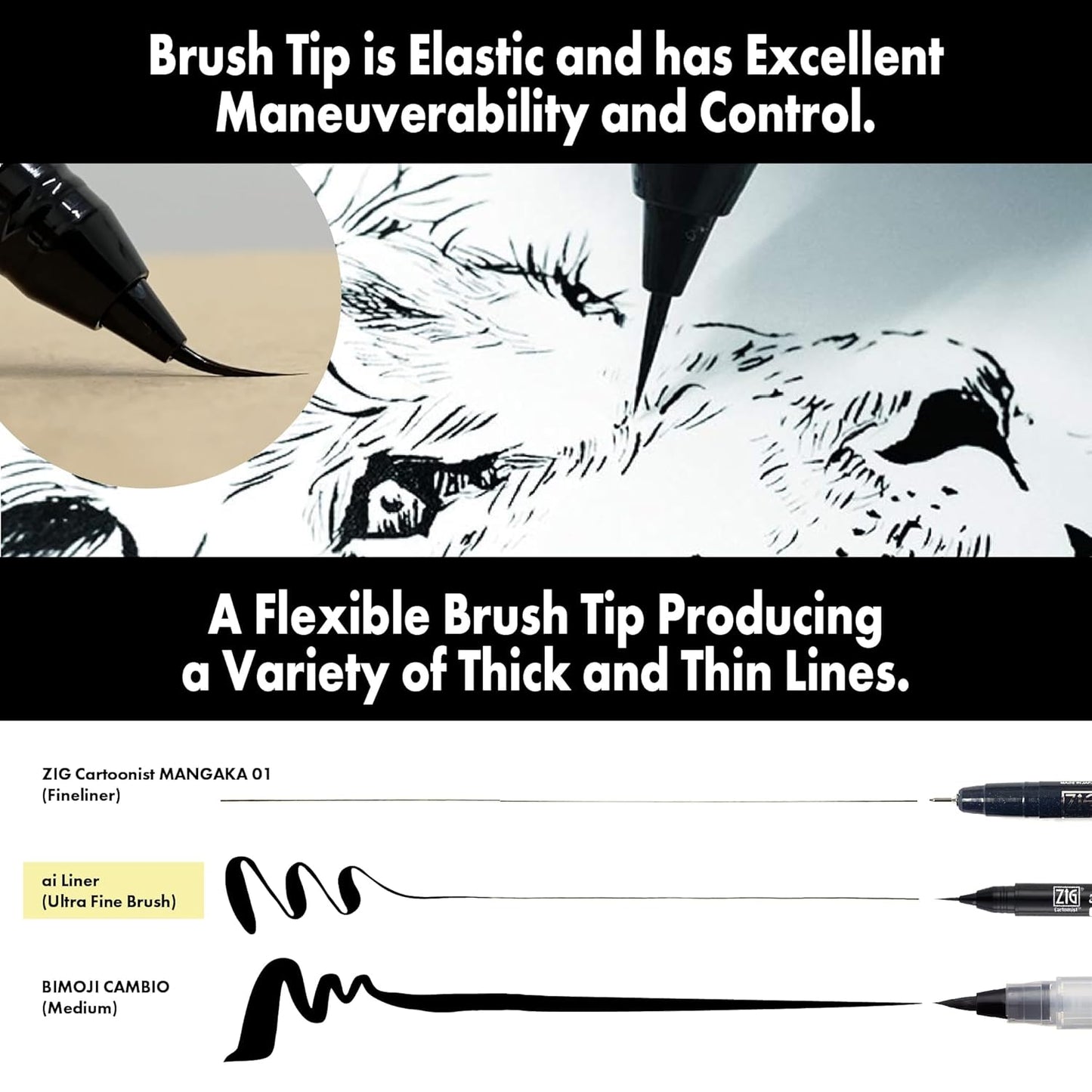 ZIG KURETAKE AI Liner, Ultra fine Brush tip pen, Black, Perfect for Delicate Expressions in Illustration, Manga, lettering, Made in Japan