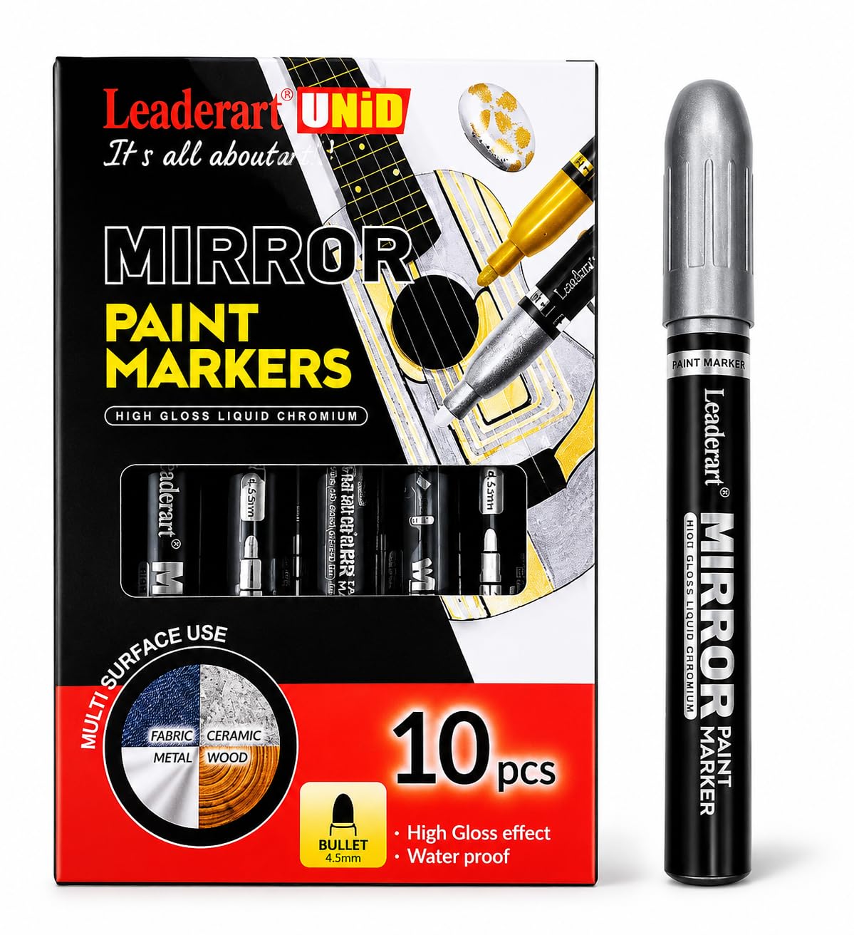 Mirror Paint Marker Silver | Pack of 10 | 4.5mm Bullet Tip | High Gloss Liquid Chrome Metallic Paint Marker | Waterproof for Metal, Glass, Ceramic, Plastic & DIY Crafts. Made in Malaysia
