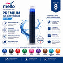 MELLO Universal Standard Fountain Pen Ink Cartridges – Orange Ink | Pack of 8 | Premium Fountain Pen Ink Refill | Smooth Writing Ink Cartridges for Journal, School & Office Use | Standard International Size