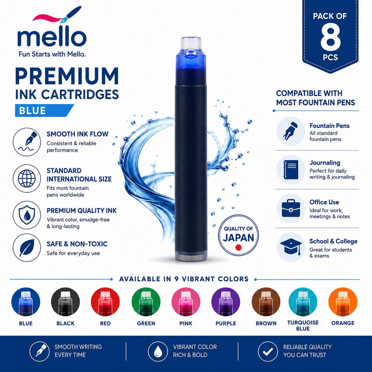 MELLO Universal Standard Fountain Pen Ink Cartridges – Orange Ink | Pack of 8 | Premium Fountain Pen Ink Refill | Smooth Writing Ink Cartridges for Journal, School & Office Use | Standard International Size